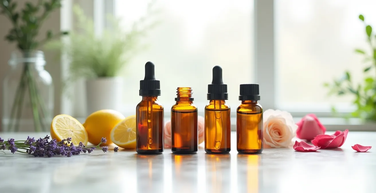 Frascos de aceites esenciales junto a las plantas de las que provienen, mostrando la paradoja de que lo natural también puede ser alergénico.
