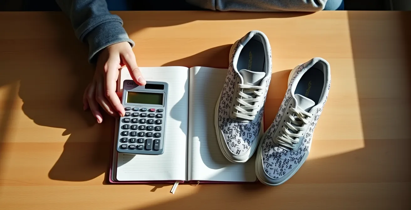 Un adolescente utilizando una calculadora junto a unas zapatillas de moda sobre una mesa de madera, simbolizando la educación financiera.