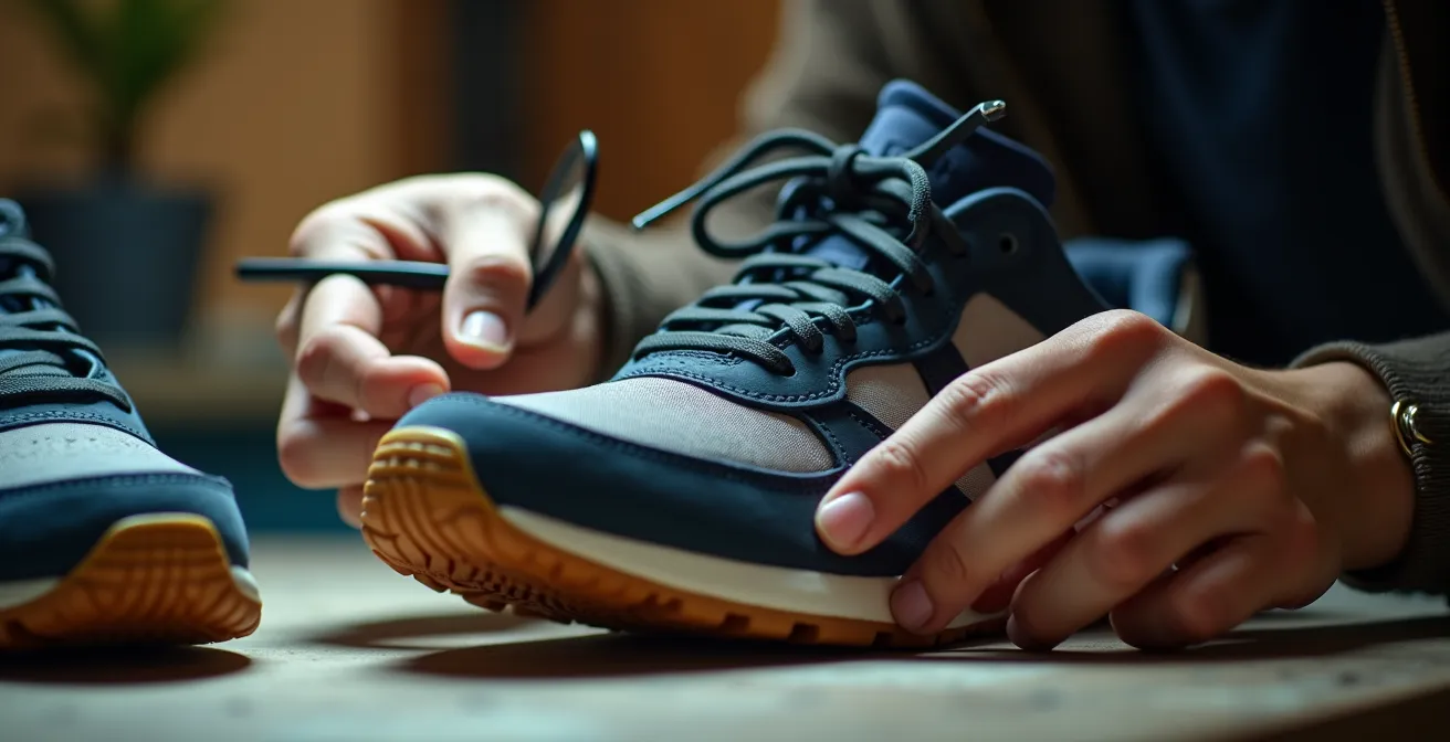 Adolescente examinando detalladamente unas zapatillas deportivas con lupa para verificar autenticidad