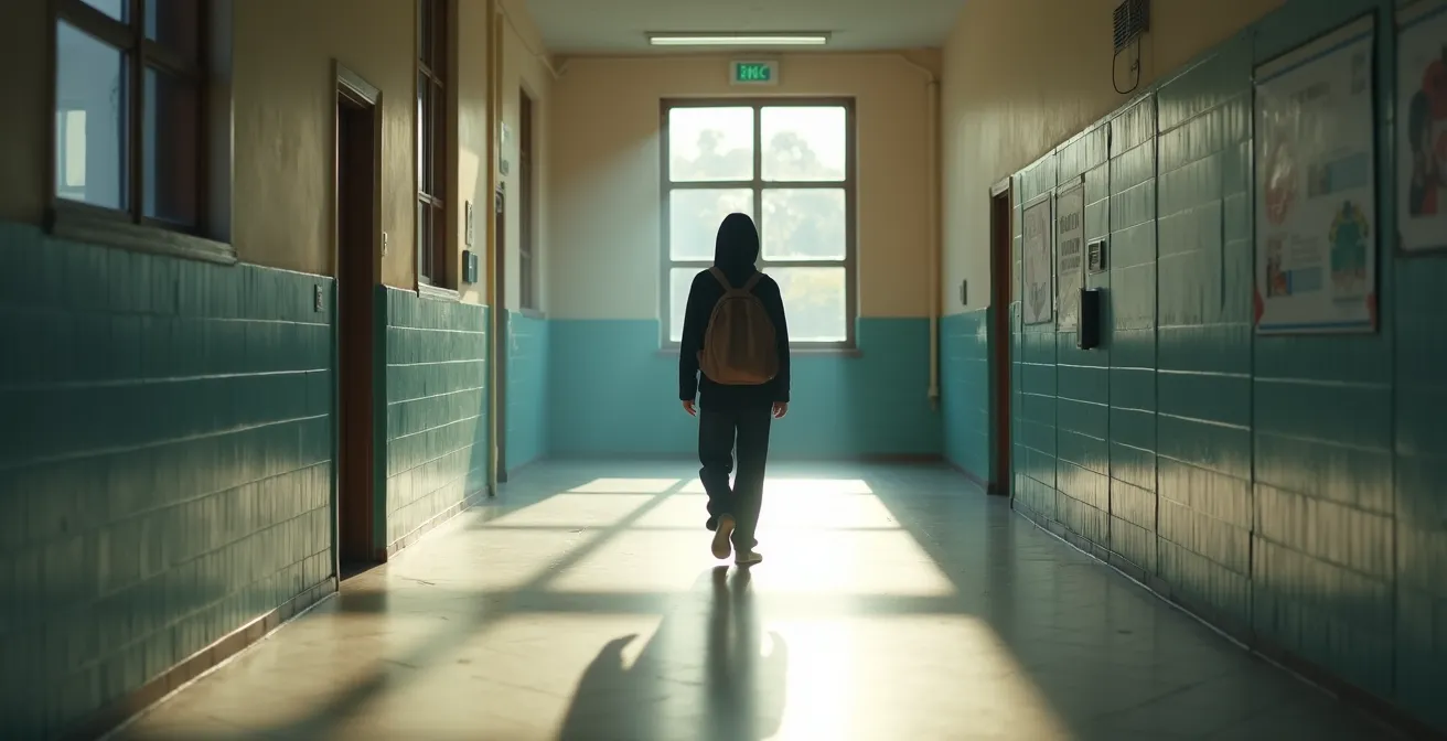 Un adolescente solitario caminando por un pasillo vacío de un instituto, simbolizando el aislamiento y el bullying.