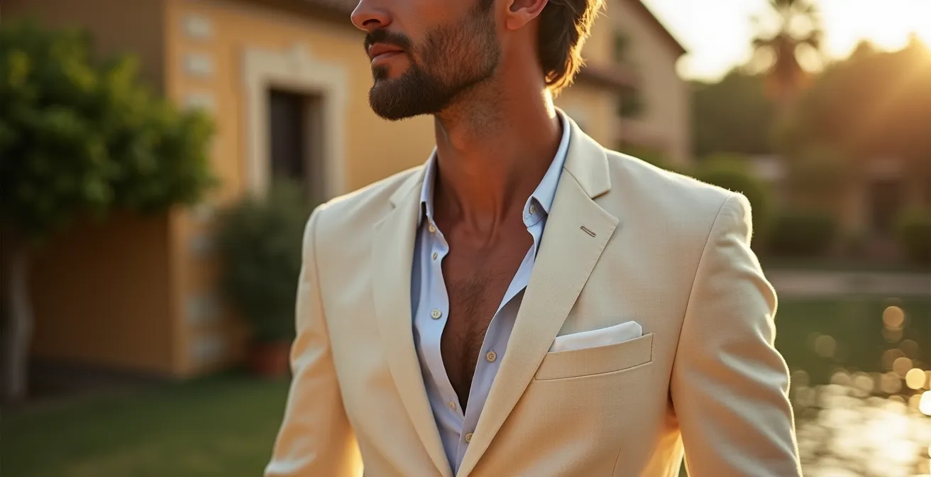 Americana de lino con construcción napolitana mostrando detalles de hombro natural y sin forro