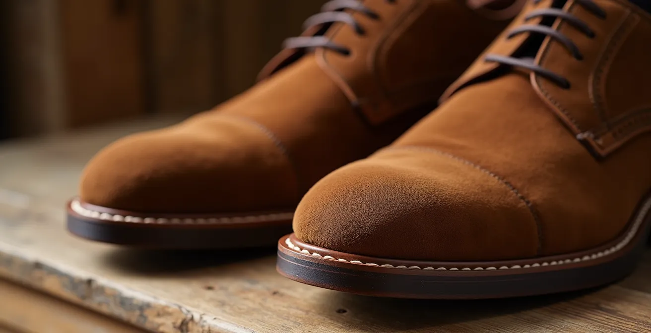 Detalle de zapatos de ante marrón y cinturón de cuero en tonos complementarios sobre superficie de madera