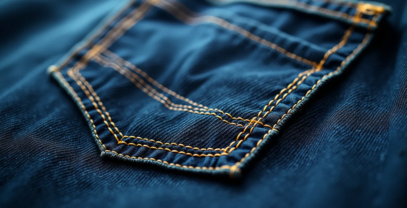 Detalle macro de bolsillos traseros de vaqueros con costuras estratégicas para un efecto push-up