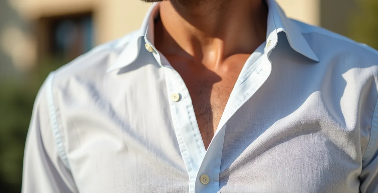 Detalle de camisa de lino con dos botones desabrochados mostrando elegancia casual mediterránea