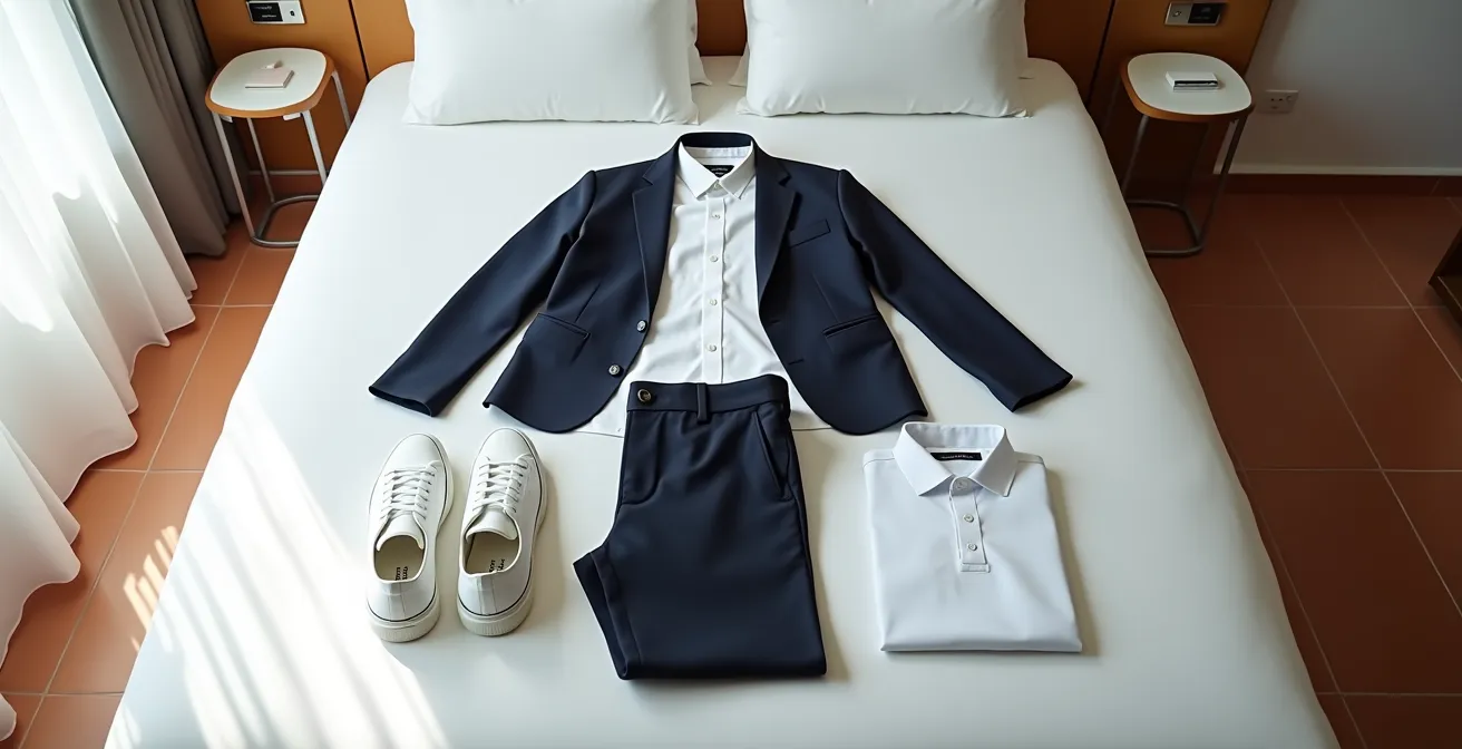 Disposición minimalista de cinco prendas esenciales para viaje de negocios