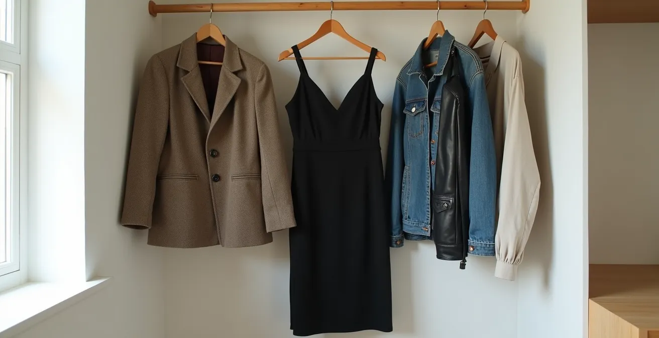 Diferentes tipos de chaquetas sobre vestido negro mostrando variedad de estilos