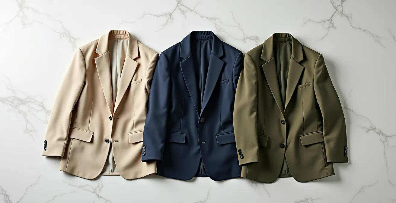 Tres americanas de lino en beige, azul y verde oliva dispuestas elegantemente