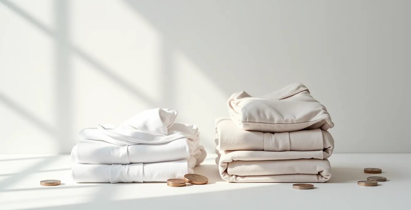 Comparación visual del coste a largo plazo entre pijamas de algodón orgánico y convencional mostrando su durabilidad