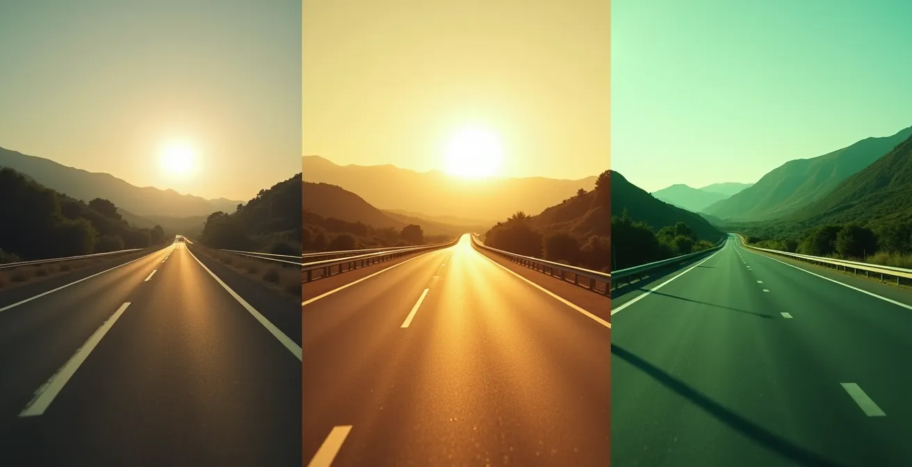Vista a través de tres lentes de diferentes colores en una carretera española al atardecer