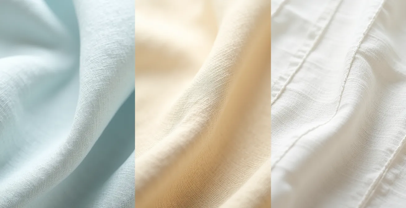 Muestras de tejidos naturales mediterráneos mostrando texturas de lino, algodón y seersucker