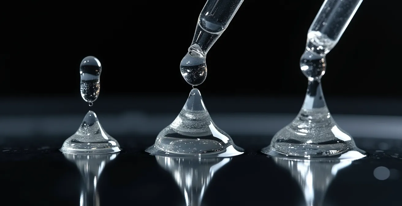 Comparación visual de texturas de sérum con diferentes concentraciones de ácido hialurónico, mostrando cómo una alta concentración crea una pasta inutilizable.