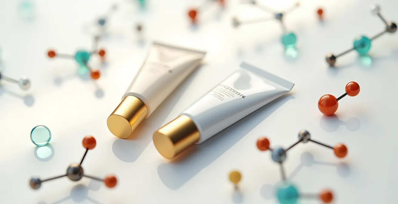 Comparación lado a lado de etiquetas INCI de productos cosméticos, una de lujo y otra de farmacia, con modelos moleculares en el centro.