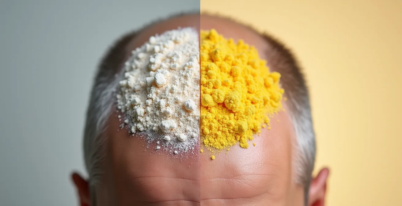 Comparación visual entre escamas secas finas y escamas grasas amarillentas en el cuero cabelludo