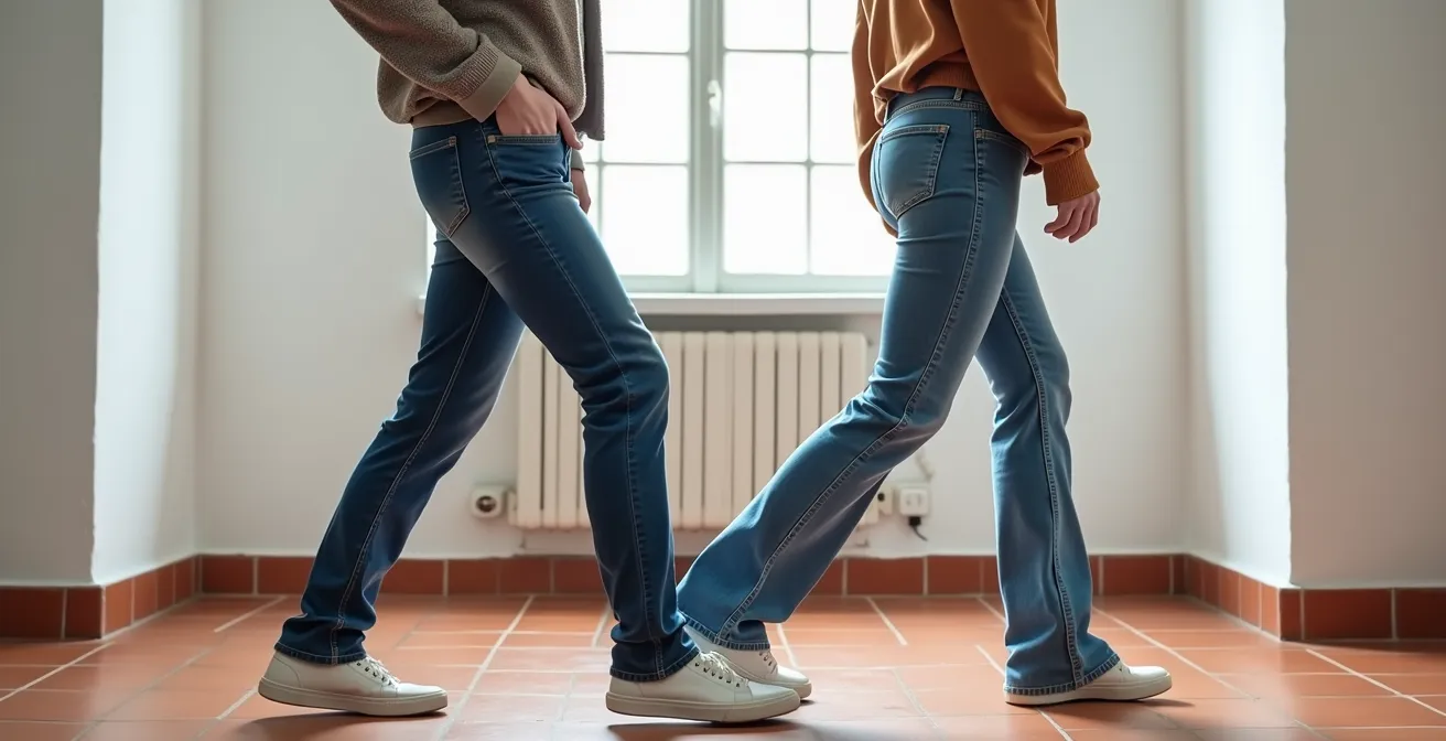 Comparación visual entre vaqueros pitillos y rectos mostrando diferentes siluetas