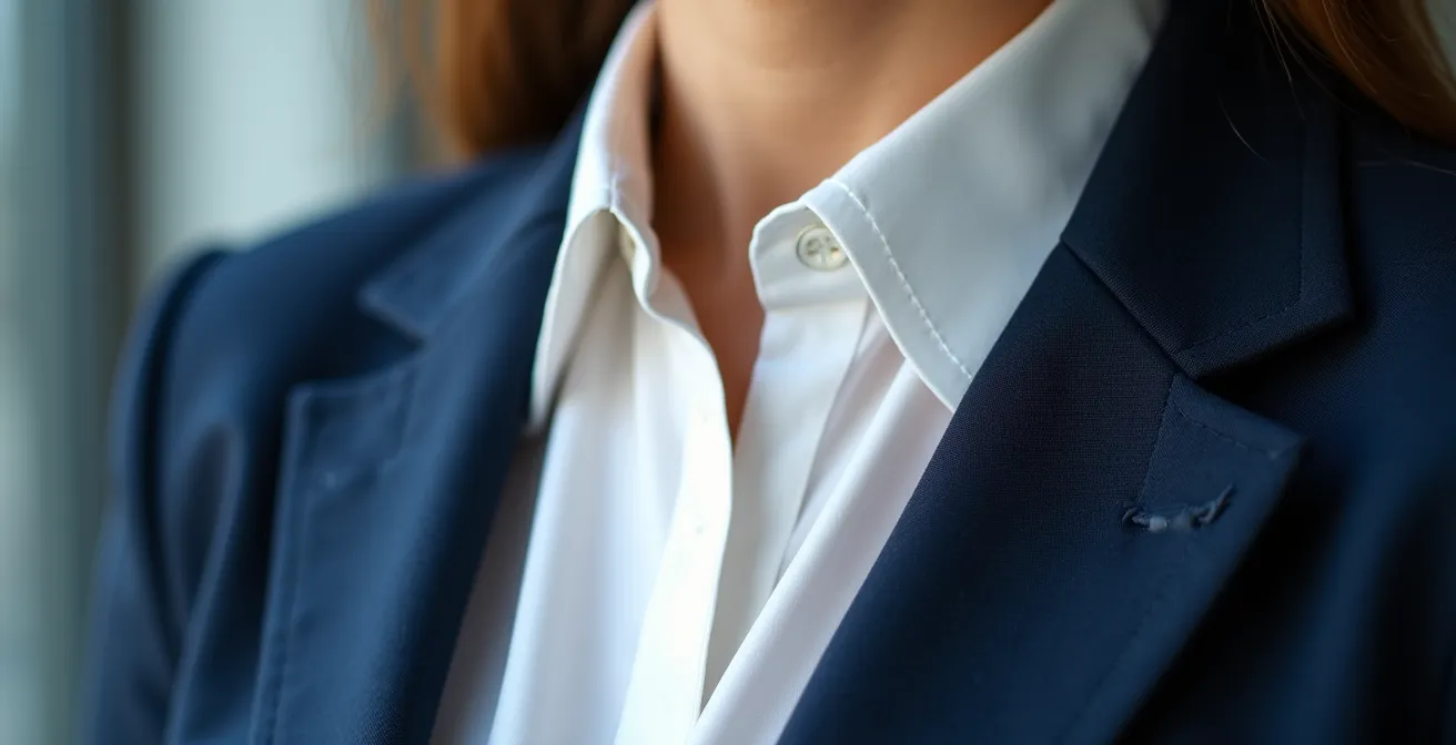 Detalle de textura de blusa de seda blanca bajo blazer azul marino mostrando elegancia profesional