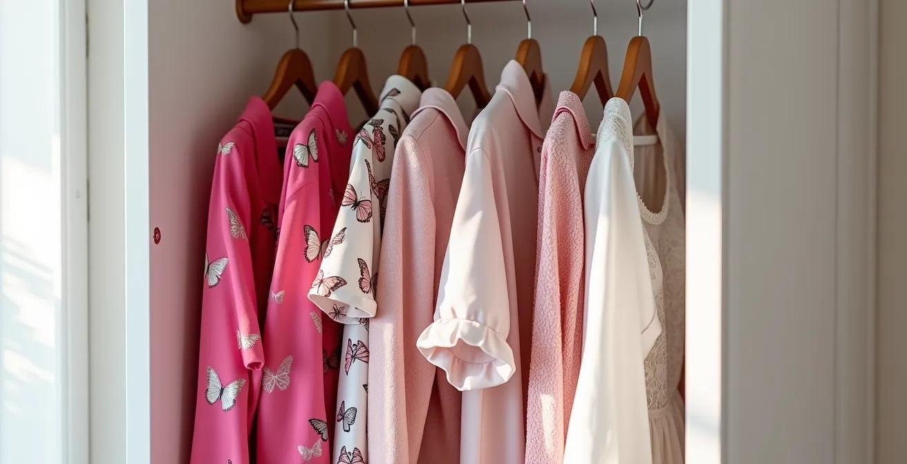 Armario abierto mostrando contraste entre prendas Y2K coloridas y estilo coquette romántico