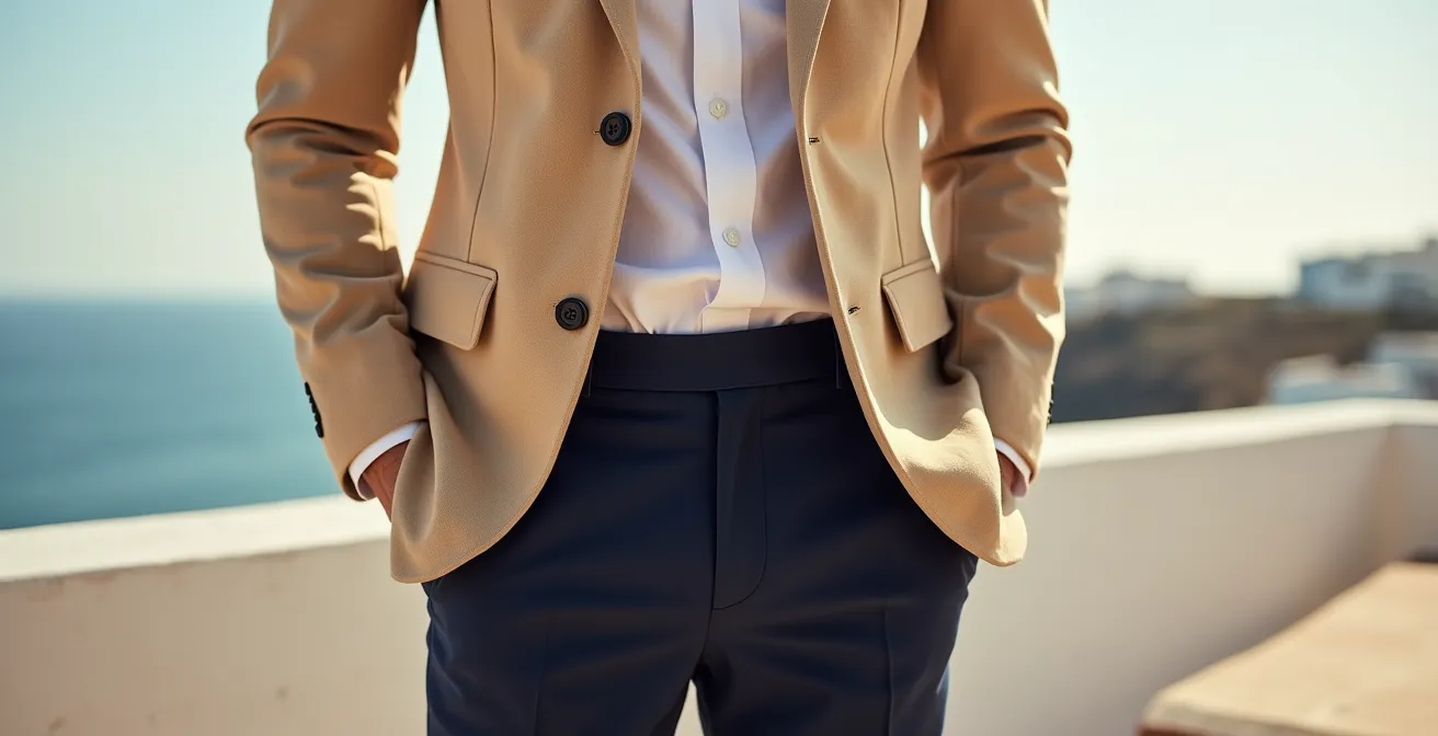 Hombre elegante con americana de lino y pantalón de textura diferente en terraza mediterránea