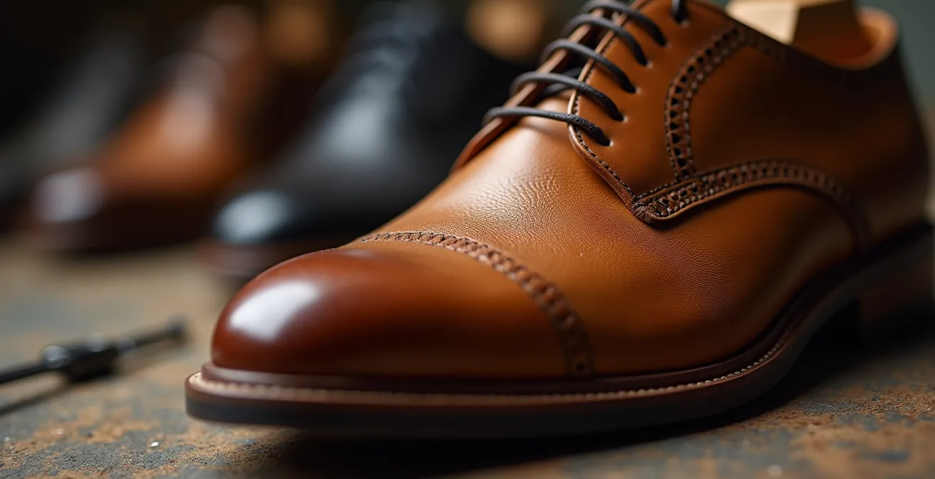 Detalle macro de zapato de piel artesanal español con horma de cedro