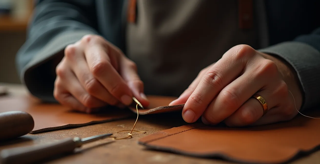 Vista macro de costuras de alta calidad en bolso de cuero premium