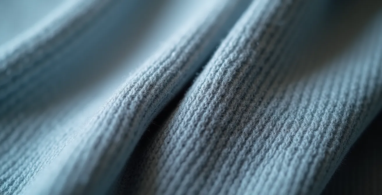 Fotografía macro de la textura de algodón de una sudadera mostrando el tejido y las costuras