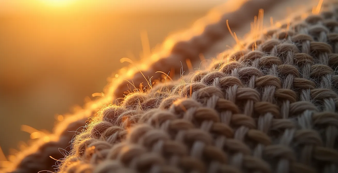 Detalle macro de textura de tejido de calidad con luz natural revelando la trama