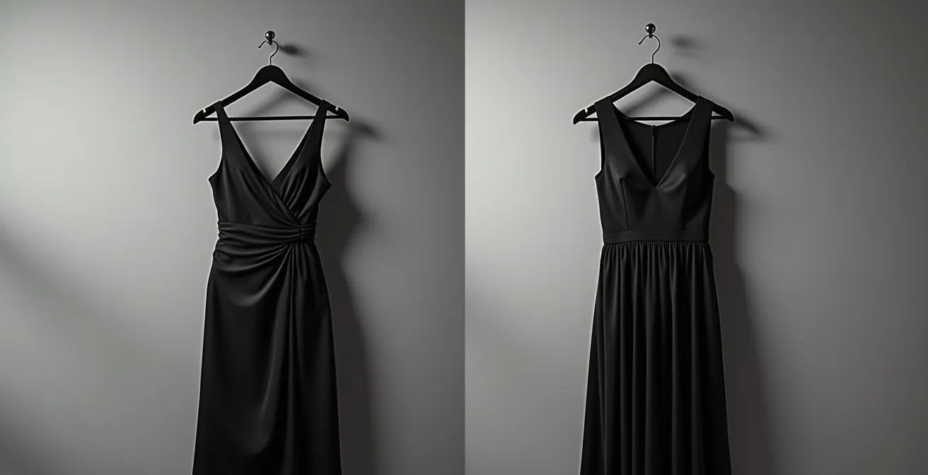 Comparación visual entre vestido con drapeado estratégico y corte imperio