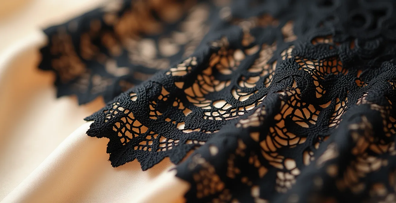 Detalle de tejido de encaje con forro nude mostrando la técnica del efecto tatuaje