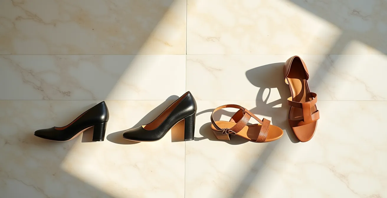 Diferentes estilos de calzado de verano profesional alineados por formalidad