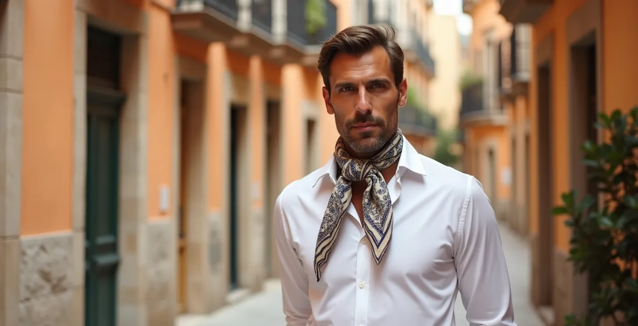 Hombre español con foulard de seda anudado elegantemente dentro de camisa en ambiente urbano mediterráneo