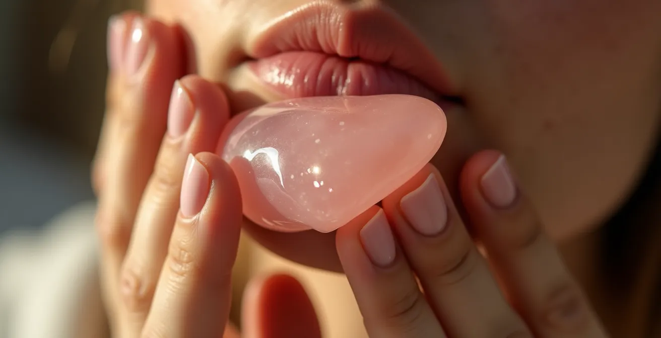 Manos realizando masaje con gua sha de cuarzo rosa en zona mandibular