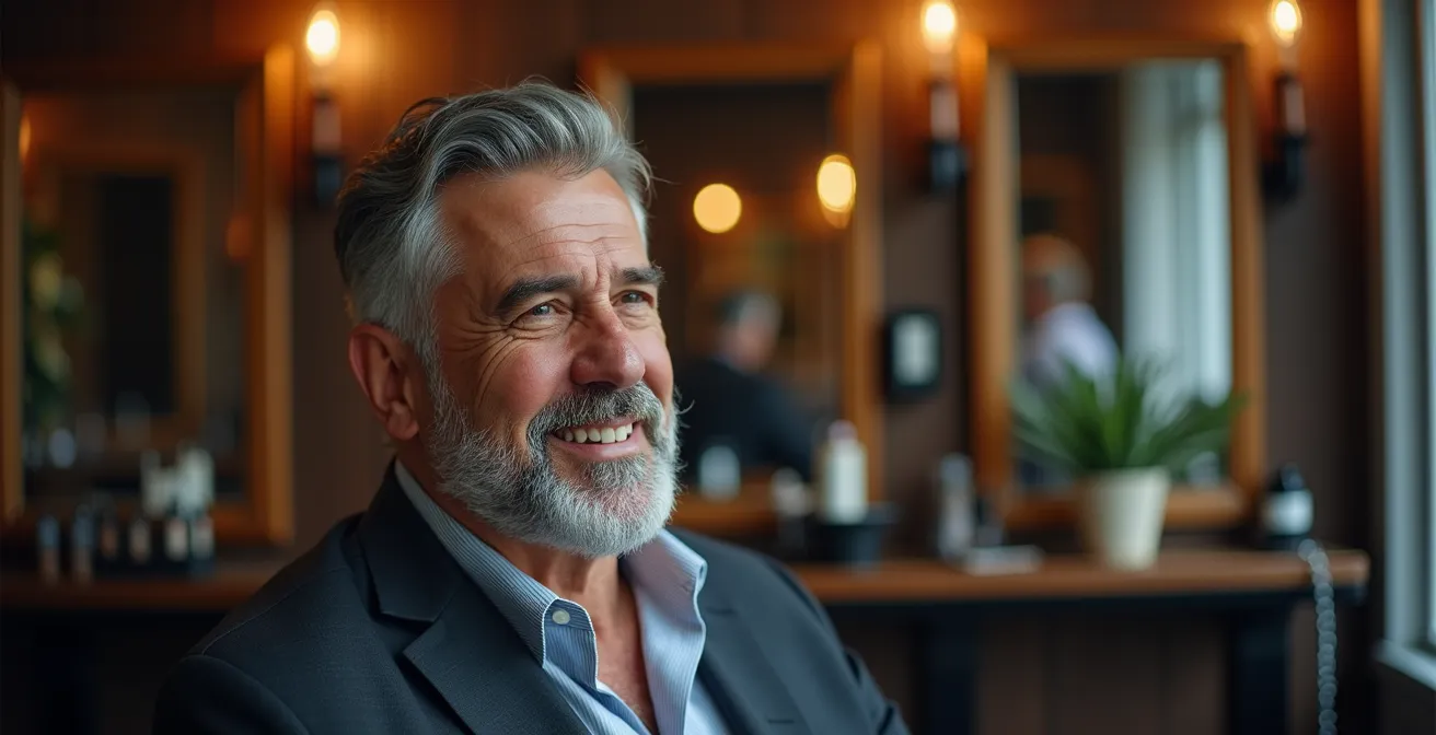 Hombre de 40 años en barbería moderna recibiendo asesoramiento profesional de estilo