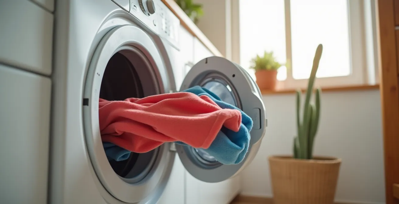 Unas manos colocando ropa infantil de colores vivos en una lavadora como medida de prevención.