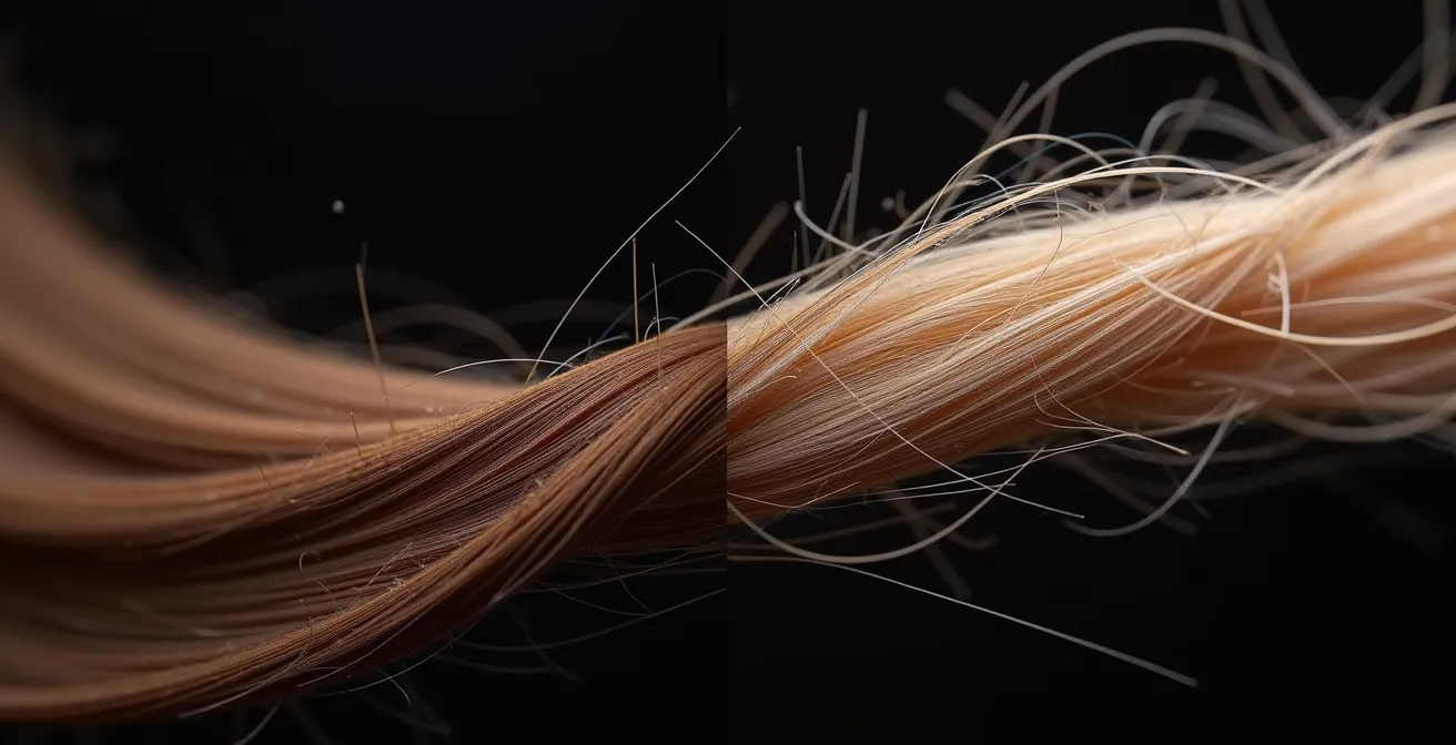 Fotografía macro mostrando la diferencia entre cabello con y sin acumulación de siliconas