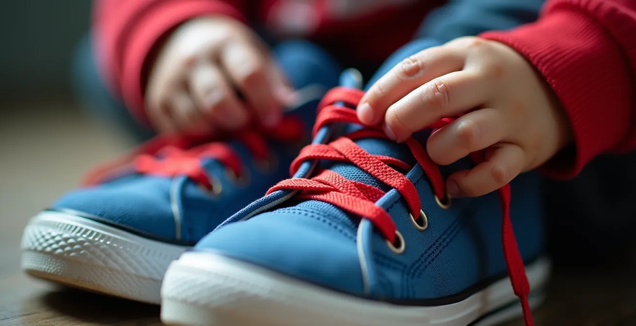 Detalle macro de manos infantiles aprendiendo a atar cordones de zapatos