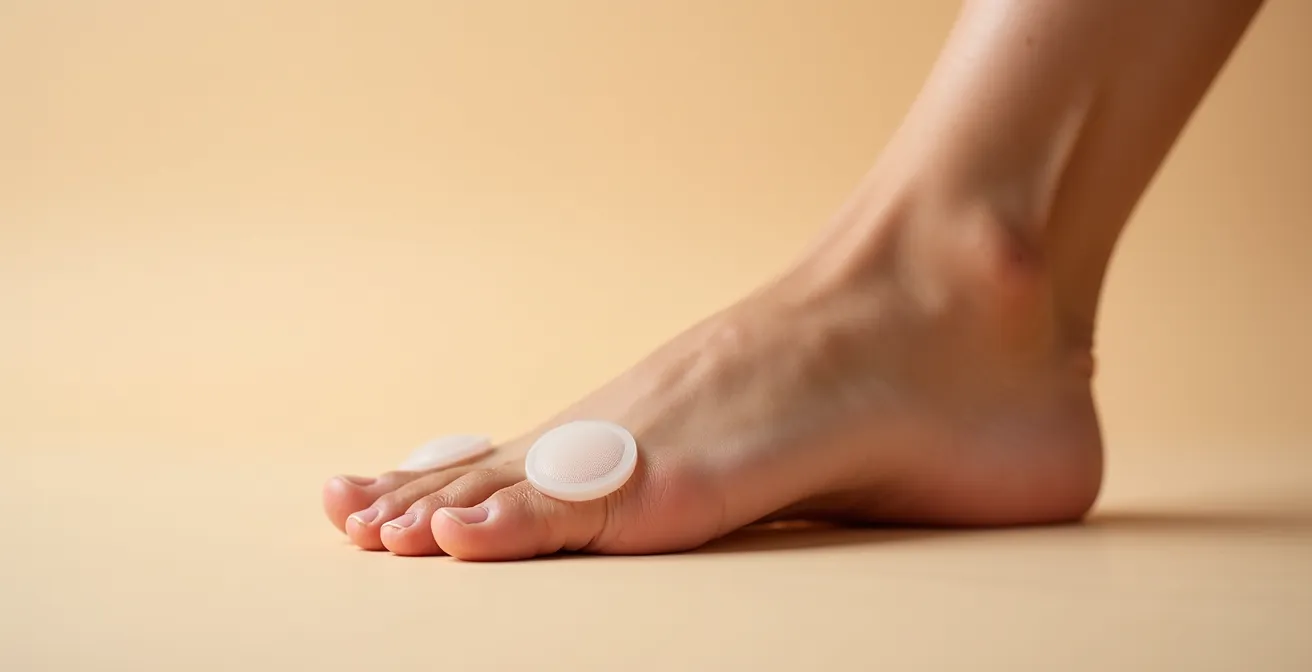 Mapa visual del pie mostrando los puntos de presión y la colocación correcta de las almohadillas de gel para tacones