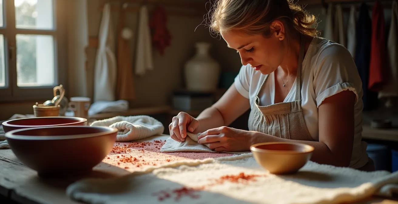 Taller textil español con artesanos trabajando en prendas sostenibles