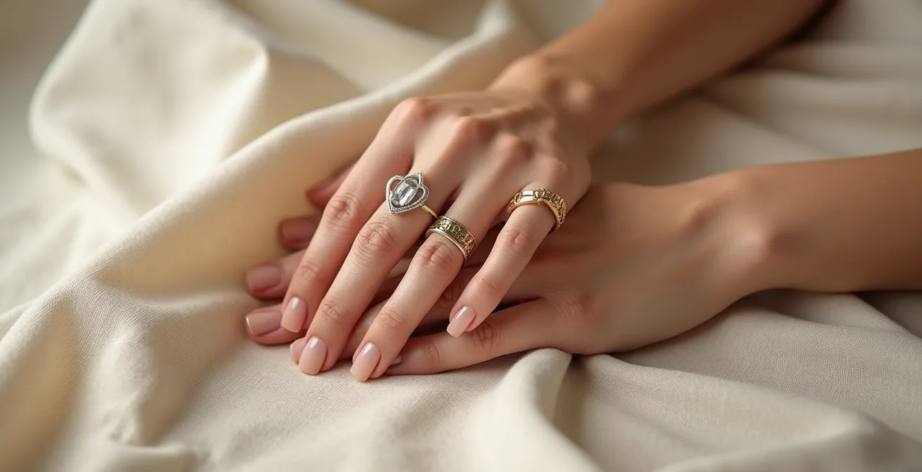 Composición elegante mezclando joyas de oro y plata con equilibrio visual