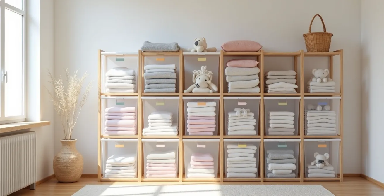 Sistema de almacenamiento vertical con cajas transparentes etiquetadas para ropa infantil