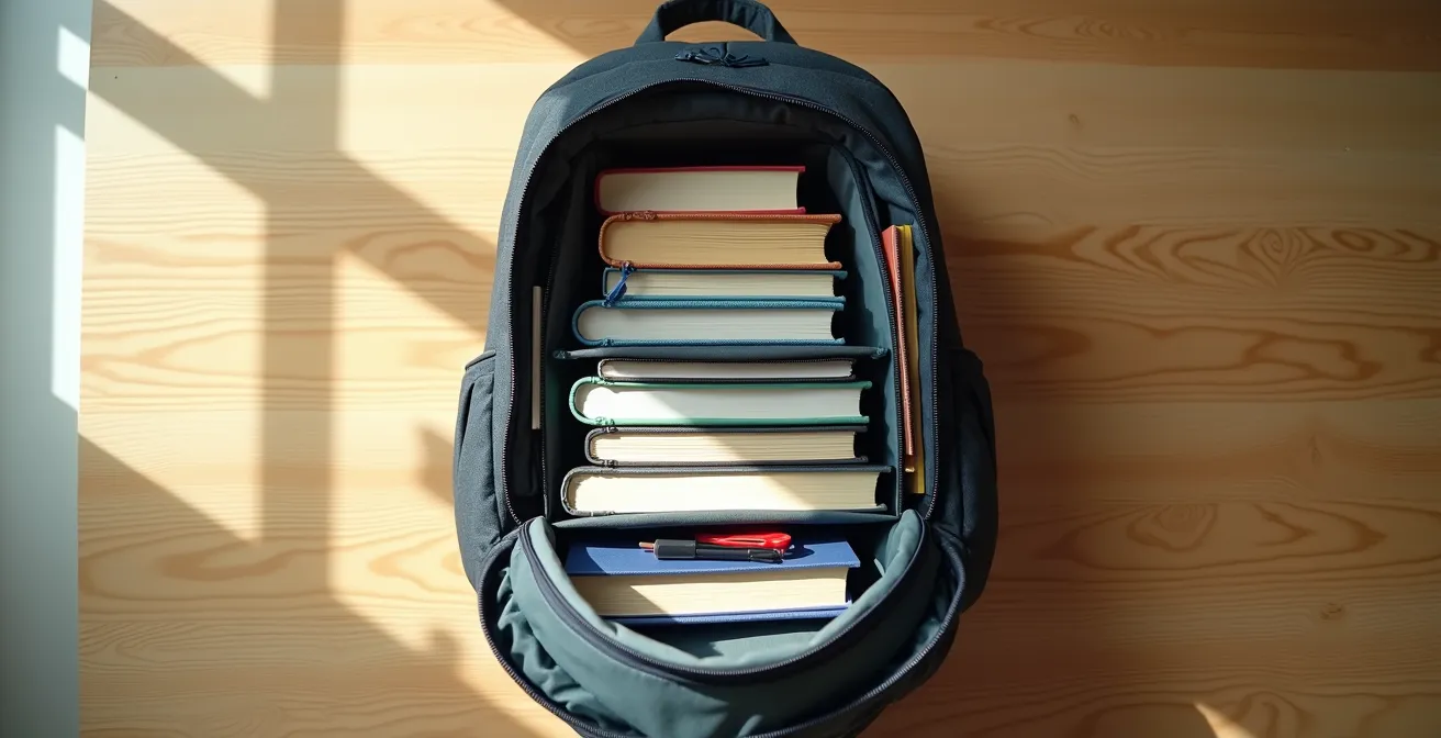 Vista superior de mochila abierta mostrando organización correcta del material escolar