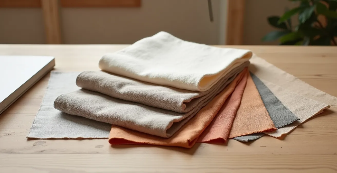 Muestras de colores neutros inspirados en paisajes españoles dispuestos en abanico sobre mesa de madera