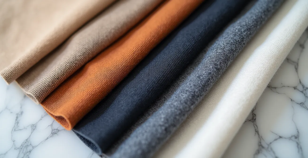 Composición de tejidos en tonos neutros cálidos y fríos para armario cápsula