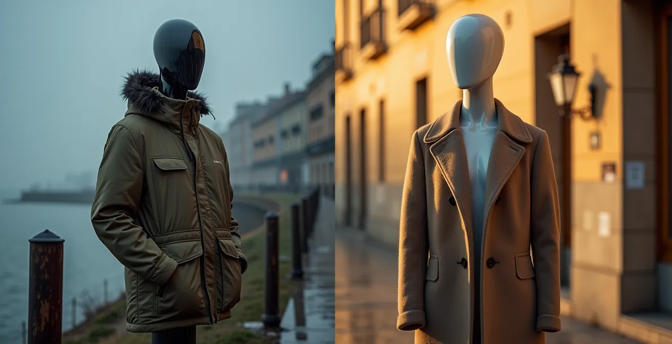 Comparación visual entre parka técnica y abrigo de lana para el invierno español