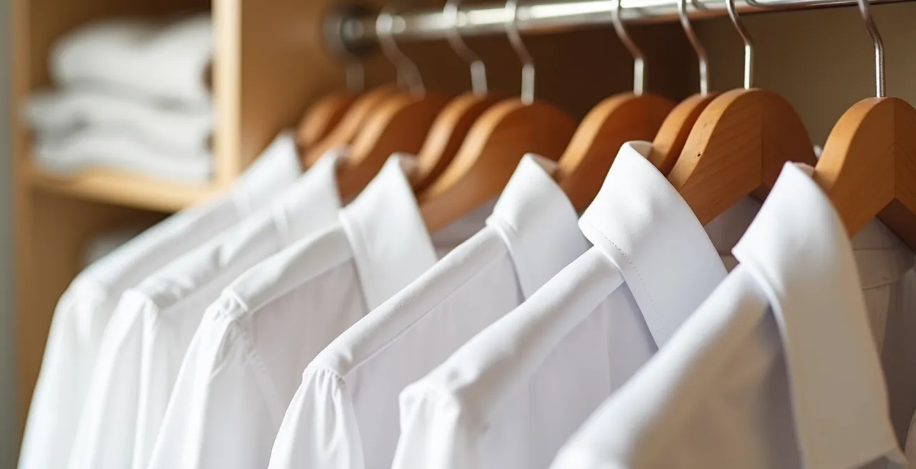 Camisas blancas perfectamente colgadas en perchas de madera en armario minimalista