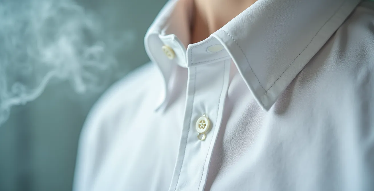 Camisa blanca colgada en baño con vapor natural de ducha