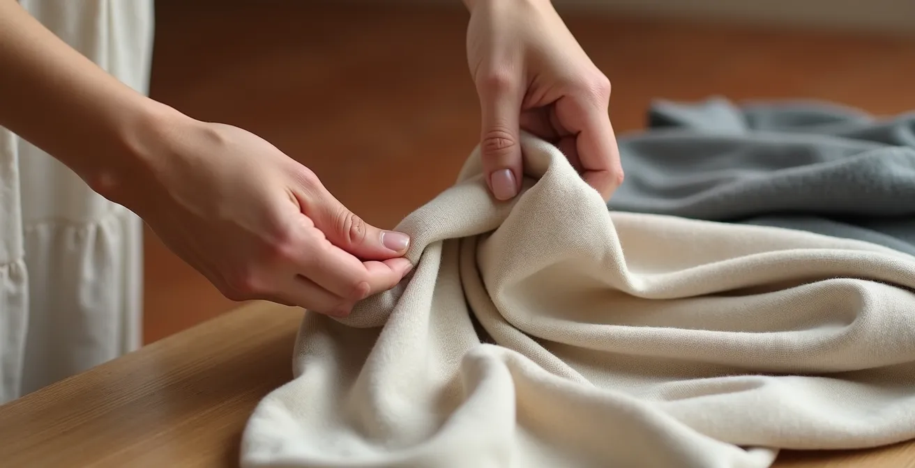 Prendas con tejidos elásticos y cortes adaptables sobre superficie neutra