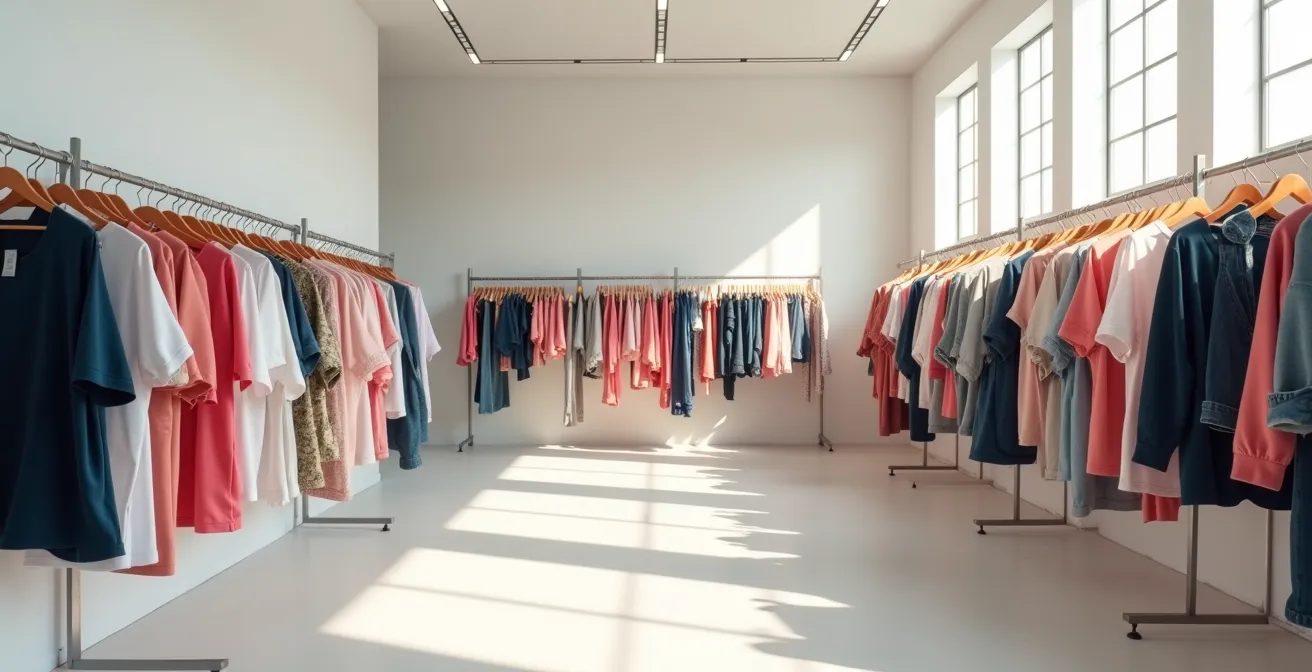 Interior de probador con diferentes tallas de ropa juvenil colgadas y espejo de cuerpo entero