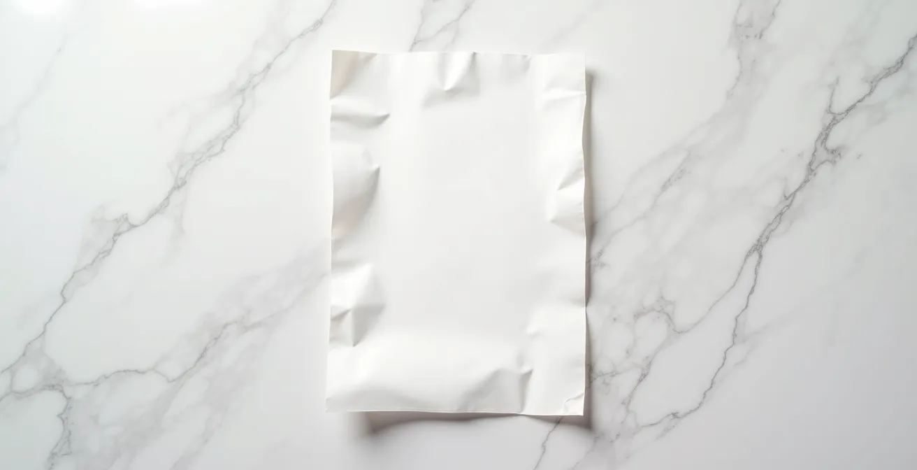 Vista cenital de un pañuelo de papel mostrando diferentes patrones de absorción de aceite facial