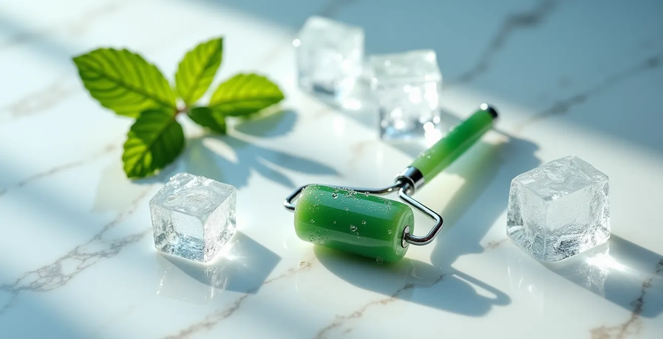 Rodillo de jade con condensación sobre superficie de mármol blanco