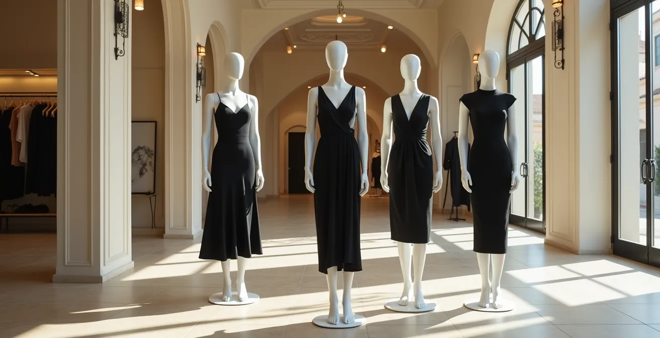 Tres siluetas de vestido negro: corte A, tubo y envolvente en diferentes tipos de cuerpo