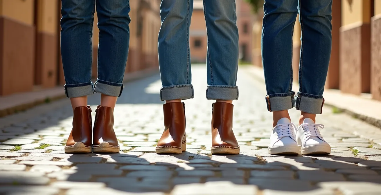 Vista lateral de diferentes largos de vaquero con calzado típico español como alpargatas y botines de piel